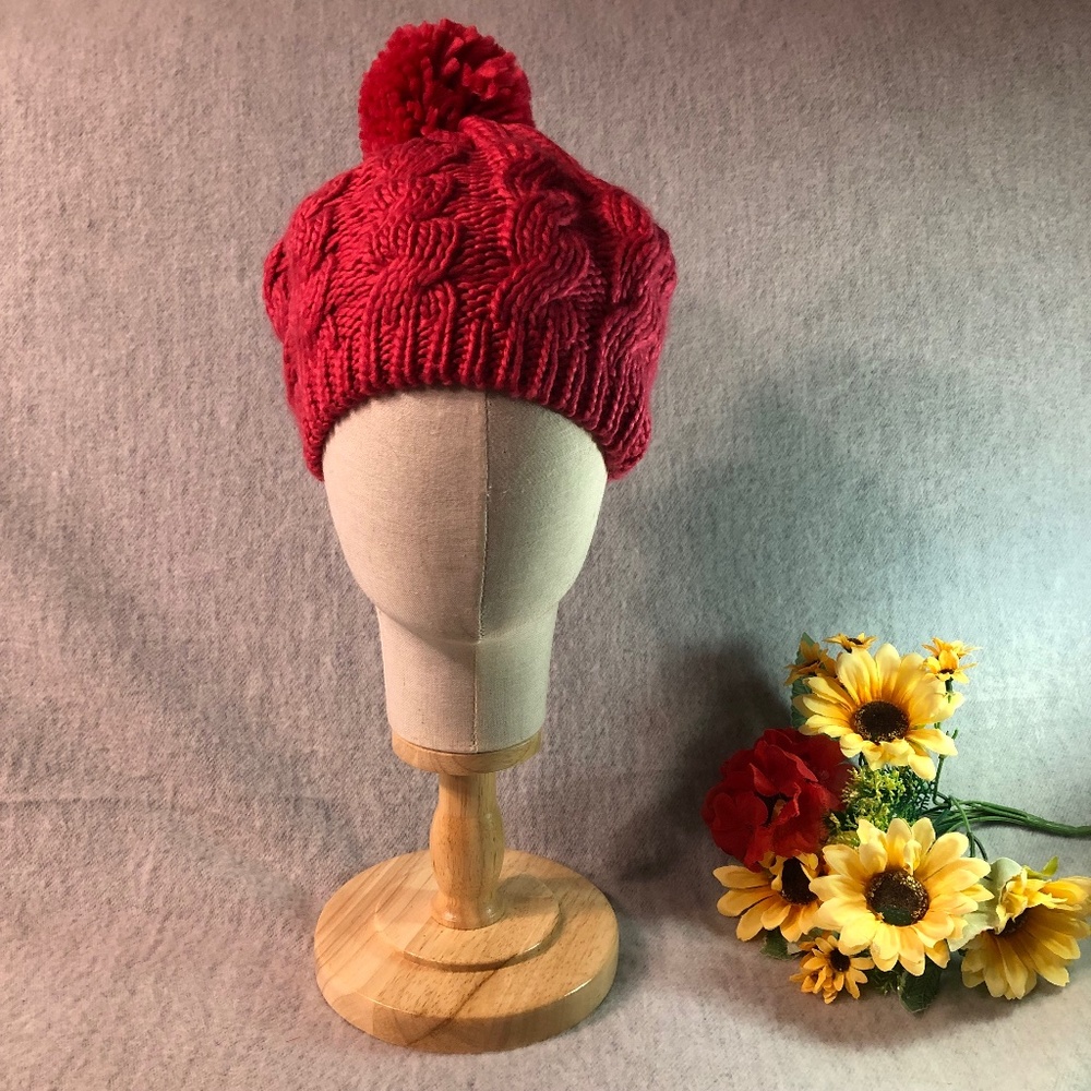 NWT - Rosy Red Soft Knit Pom-Pom Hat